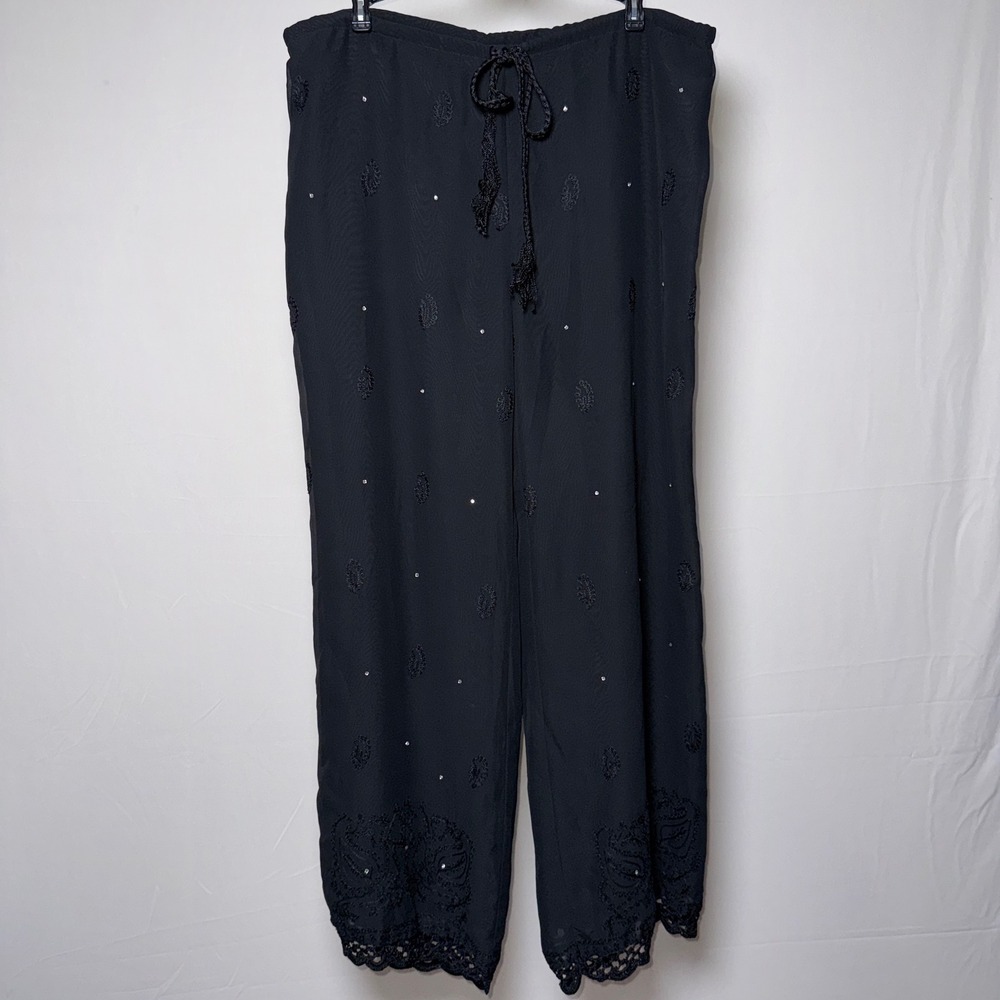Soft Surroundings Black Embroidered Rhinestone Lace Trim Wide Leg Pants Small